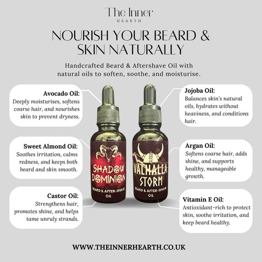 Two bottles of 'Shadow Dominion' and 'Vachalla Storm' beard and aftershave oil with product details on a white background.