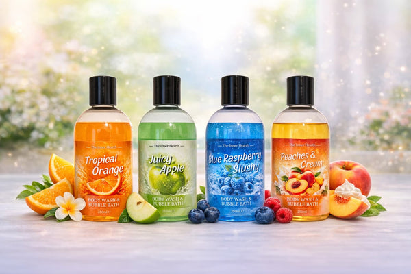 Fruity bath and shower collection with body wash and bubble bath in Tropical Orange, Juicy Apple, Blue Raspberry Slushy and Peaches and Cream scents