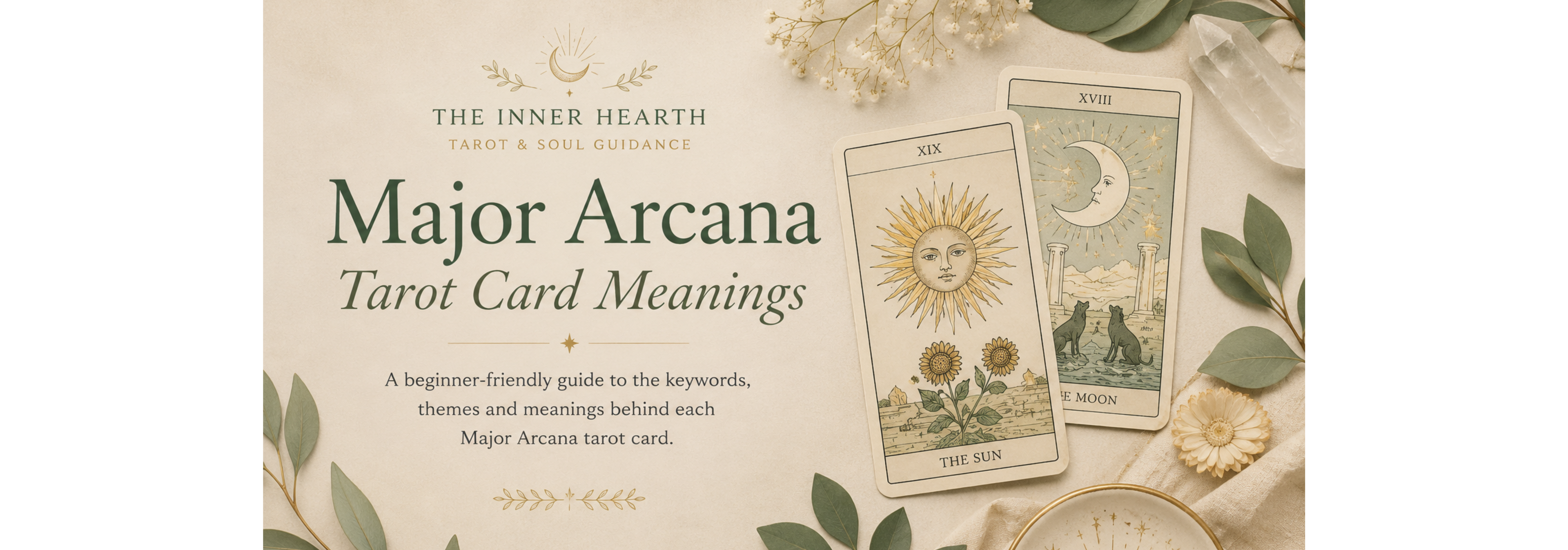 Banner 'Major Arcana Tarot Card Meanings' by The Inner Hearth with tarot cards and decorative elements.
