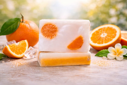 Handmade satsuma soap bar with orange slice embeds and a two-tone orange and white layered base