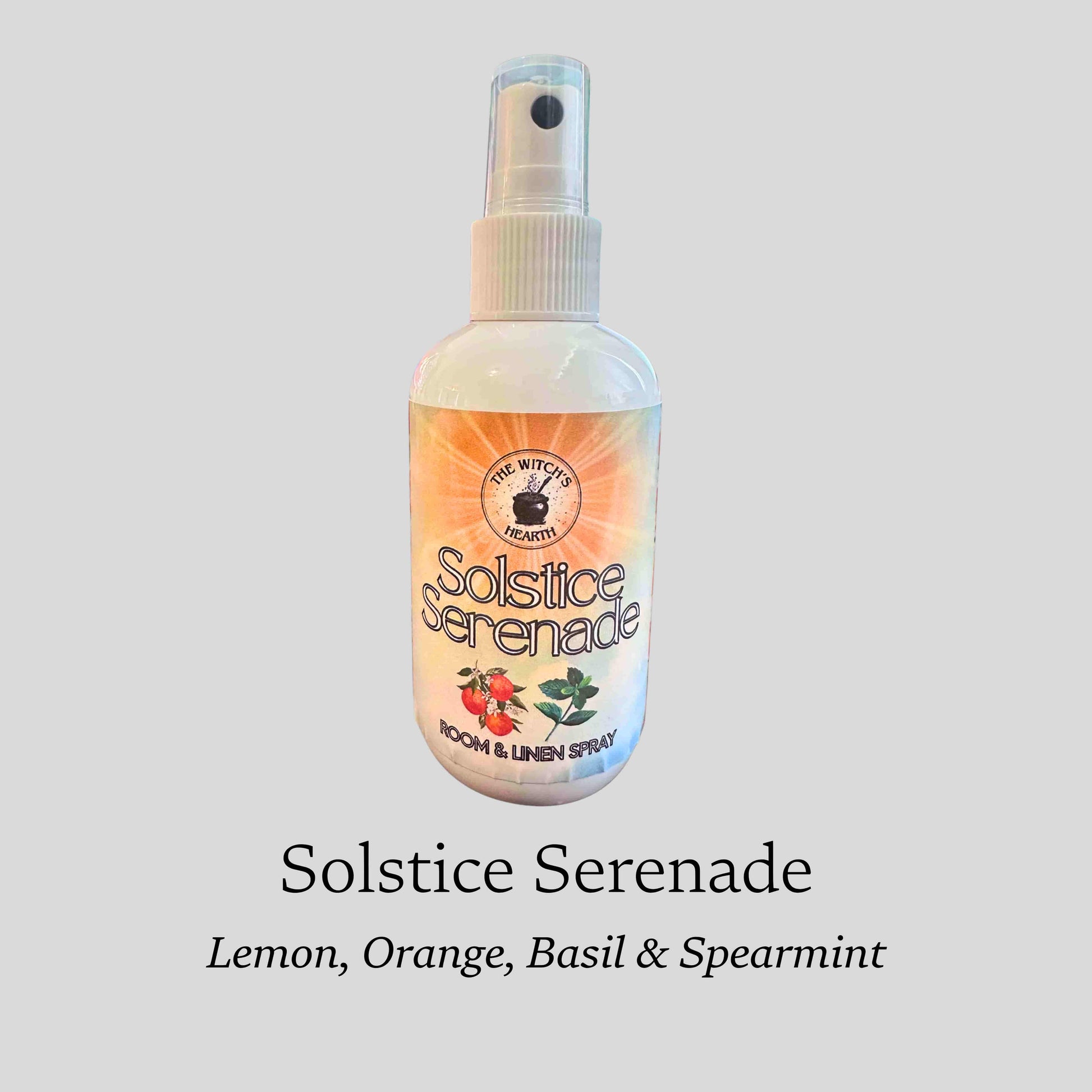 Bottle of Solstice Serenade room and linen spray on a gray background