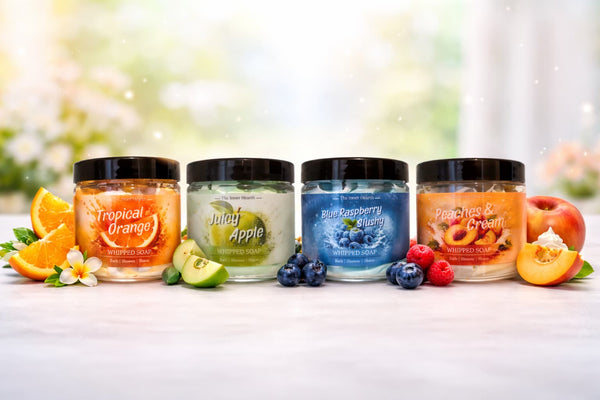 The Inner Hearth Fruity Collection whipped soaps in Tropical Orange, Juicy Apple, Blue Raspberry Slushy and Peaches and Cream
