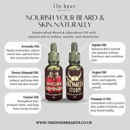 Two bottles of 'Shadow Dominion' and 'Vachalla Storm' beard and aftershave oil with product details on a white background.
