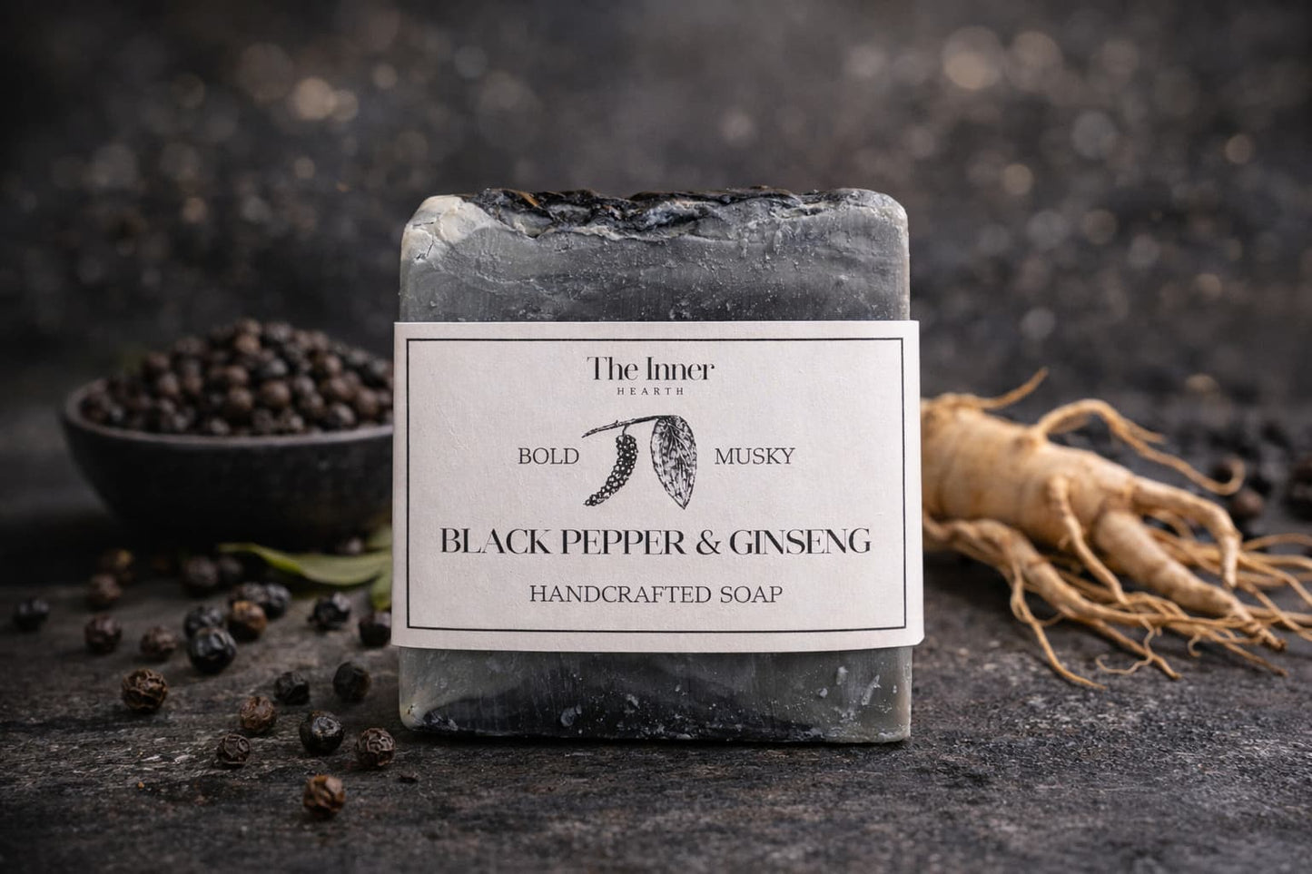 Handcrafted soap bar with black pepper and ginseng on a dark background