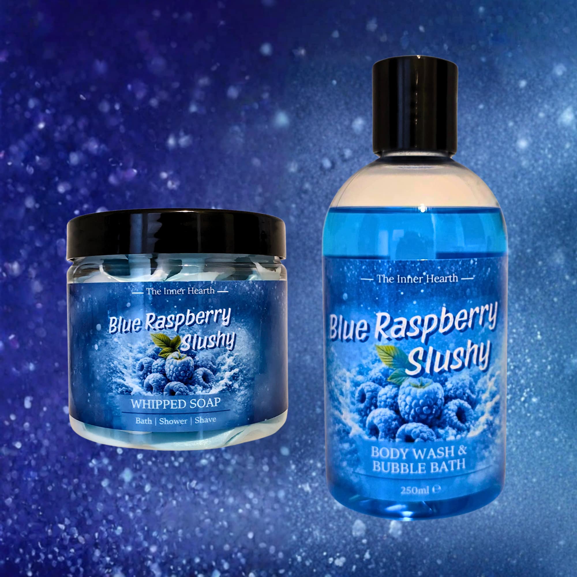 Two Blue Raspberry Slushy products on a blue background with a snowy effect.