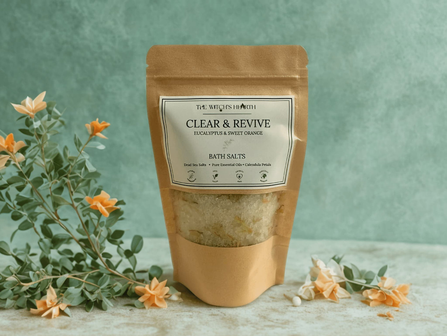 Bath salts packaging with a label on a light green background