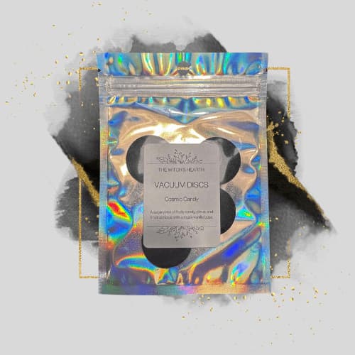 Holographic packaging of vacuum discs with brand name on a gray background
