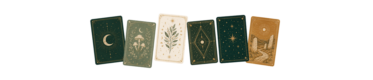 Five tarot cards with celestial and botanical designs arranged in a row on a plain white background.
