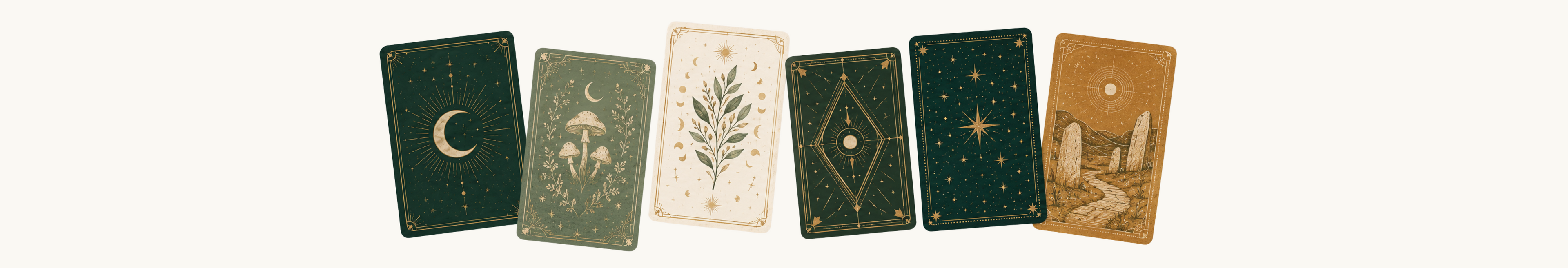 Six illustrated Tarot and Oracle card backs in botanical and celestial designs.