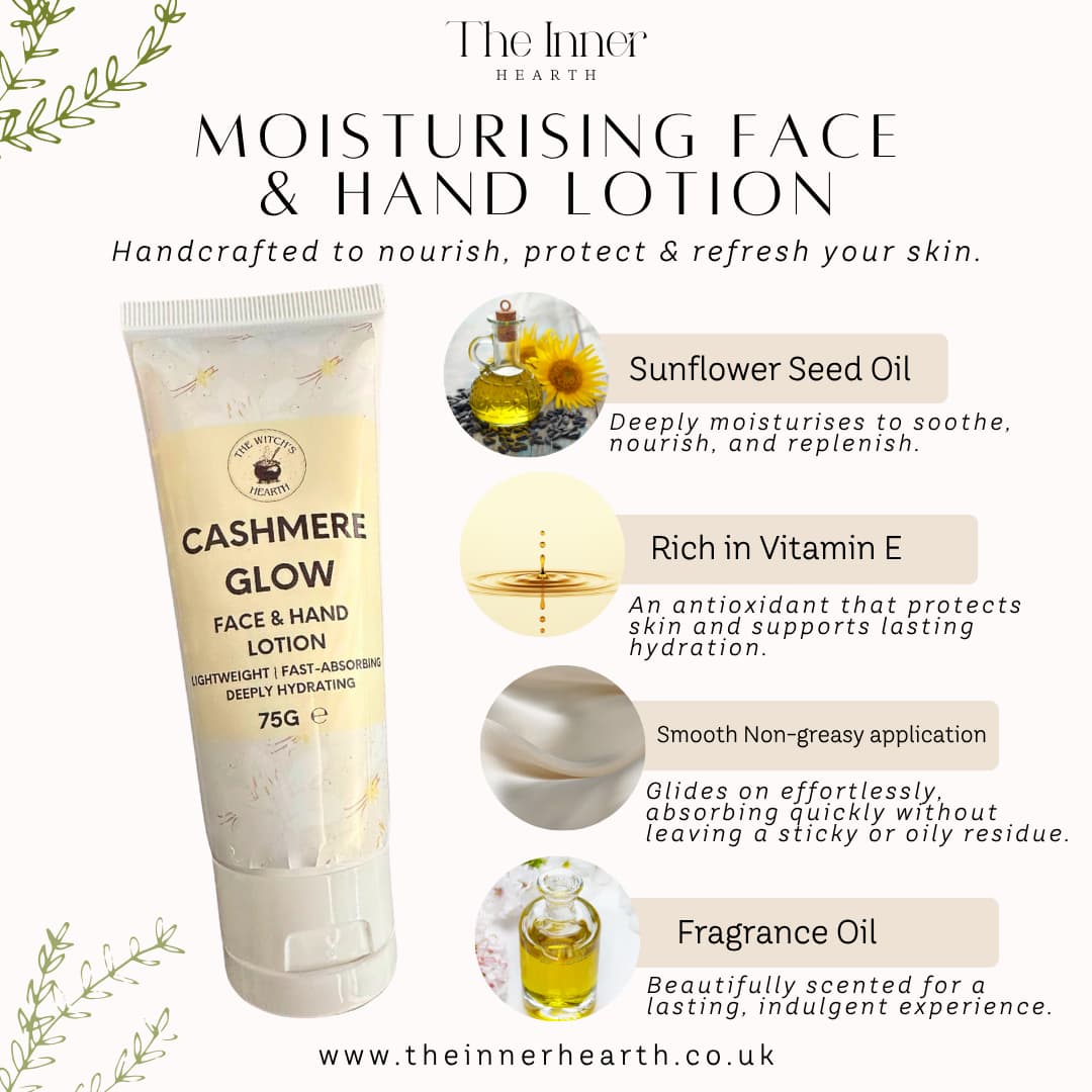 Cashmere Glow face and hand lotion with product details on a white background