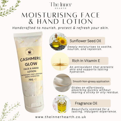 Cashmere Glow face and hand lotion with product details on a white background