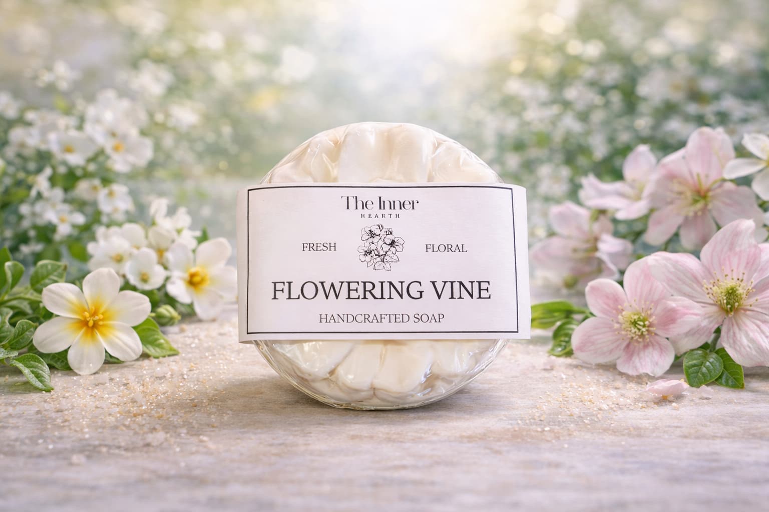 Handcrafted soap labeled 'Flowering Vine' with a floral background