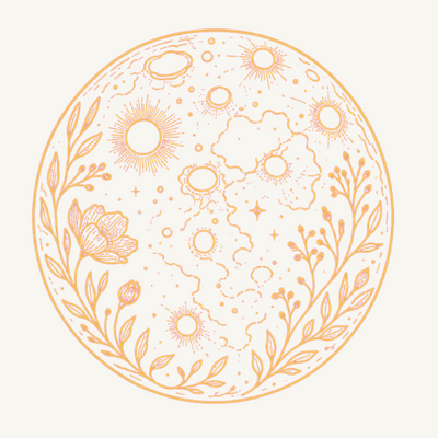 A circular celestial and botanical illustration featuring a moon face surrounded by delicate floral and leafy branches, rendered in a warm peach-orange line art style on a light cream background.