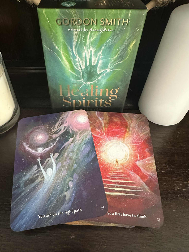 Healing Spirits oracle cards with a green box on a dark surface