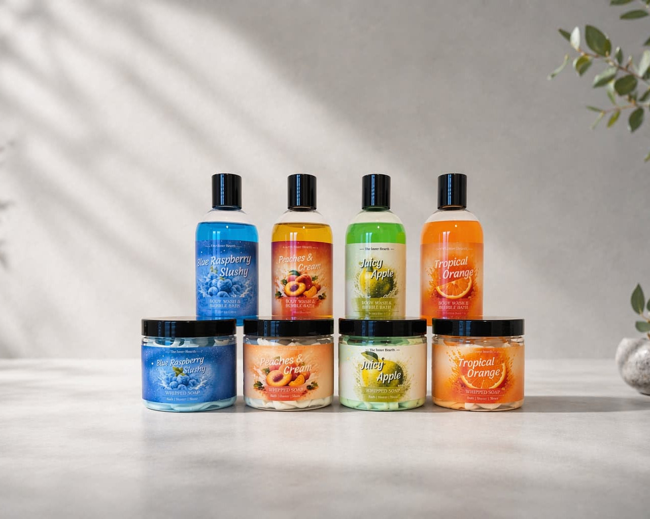 Set of colorful bath products on a neutral background