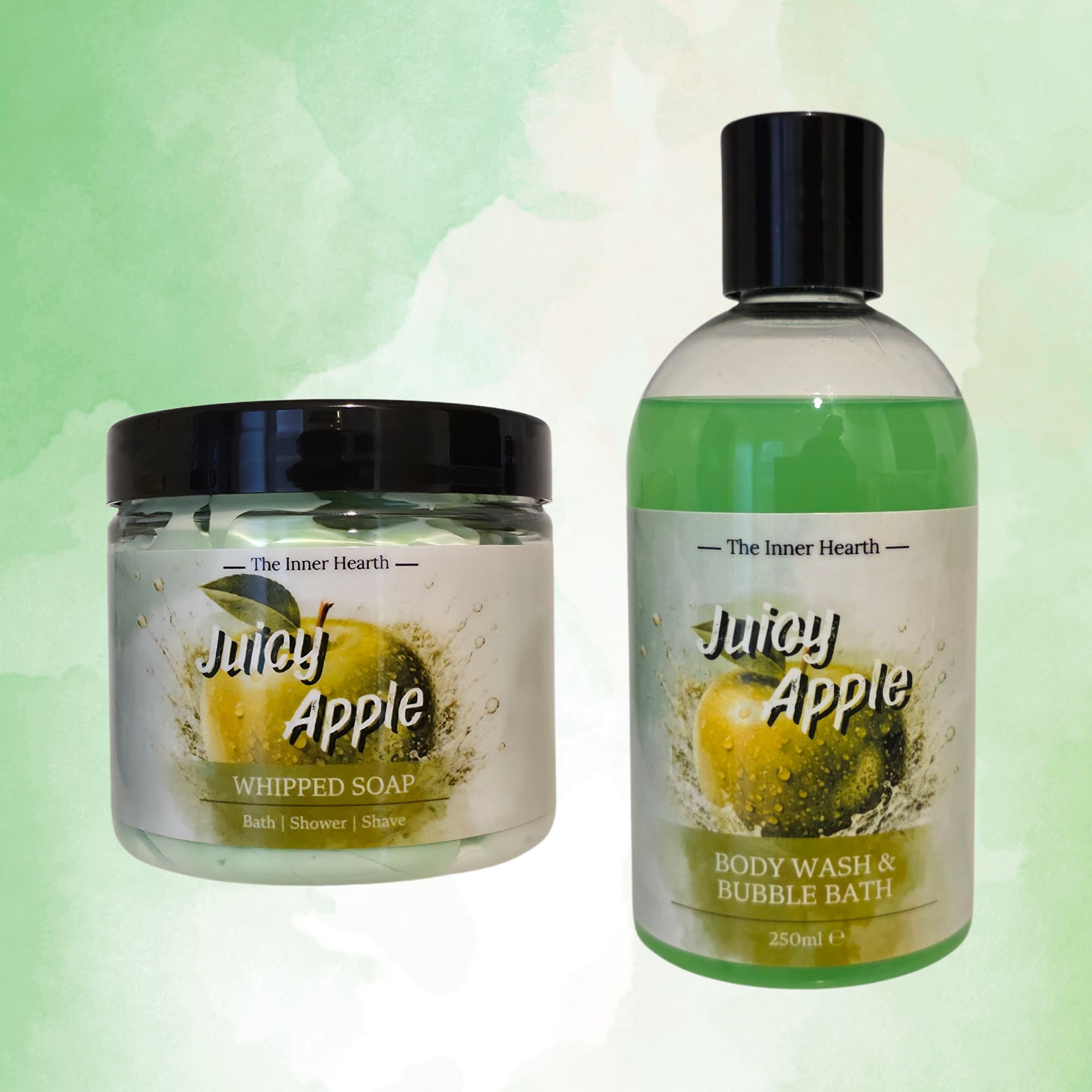 Juicy Apple themed whipped soap and body wash on a green background