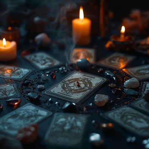 Tarot cards arranged in a circle with candles and crystals on a dark background
