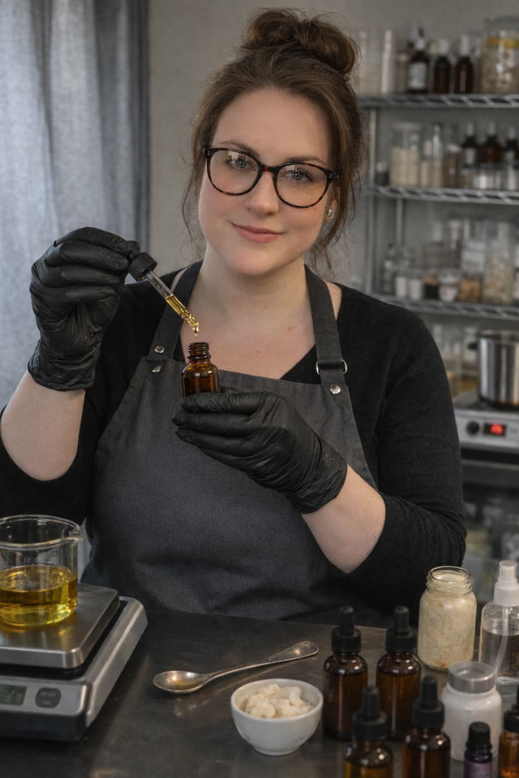 Person in a lab setting with bottles and equipment, holding a dropper and small container.