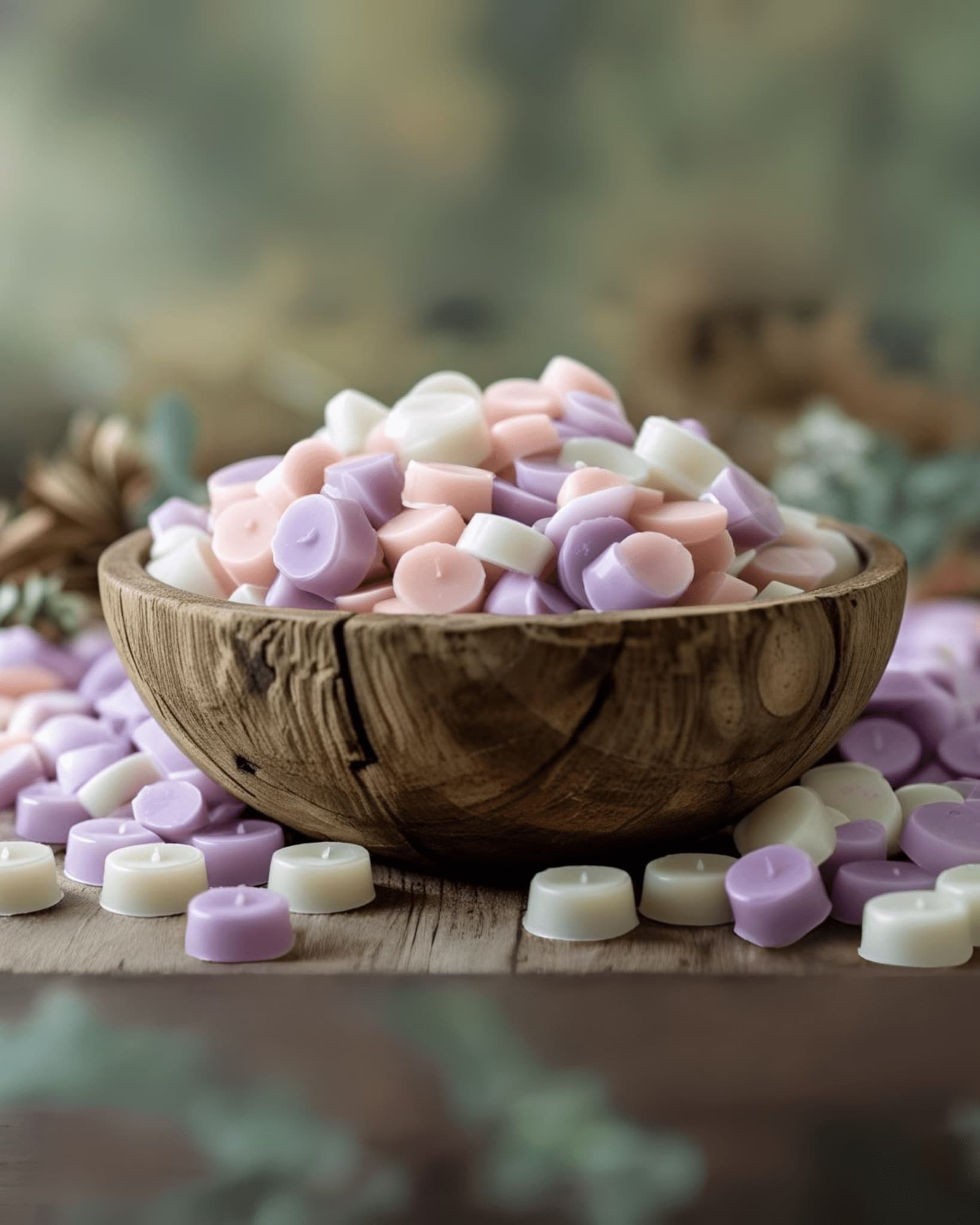 Wooden bowl filled with colorful marshmallows on a wooden surface with a blurred natural background.