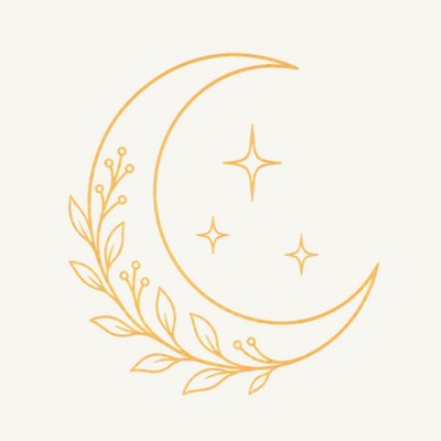 A minimalist gold line art design featuring a crescent moon, three stars, and a leafy branch wreath, centered on a solid off-white background.