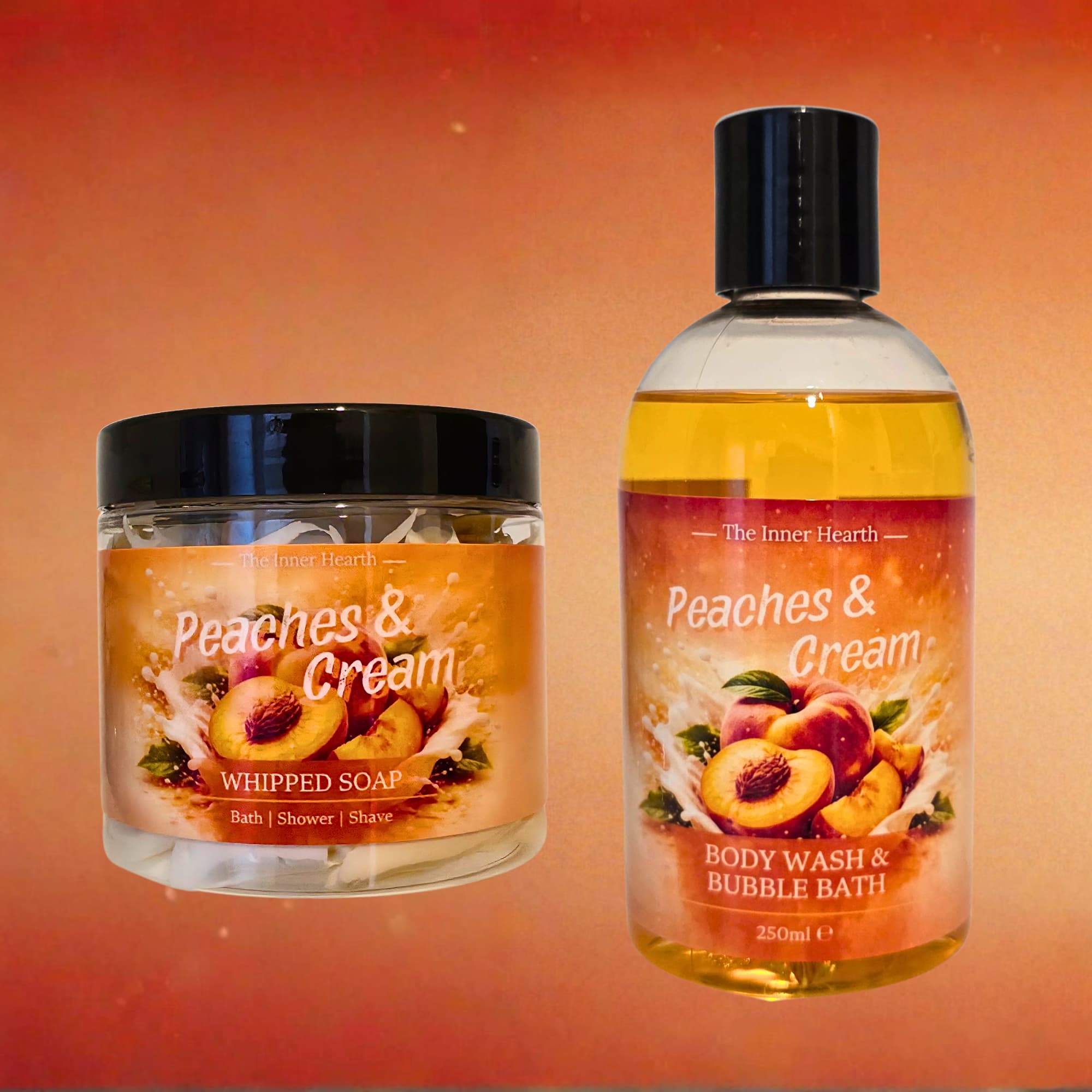 Two products, a jar and a bottle, with 'Peaches & Cream' branding on an orange background.