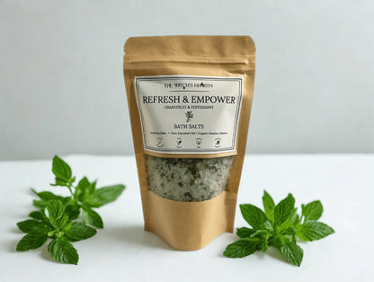 Bath salts package with mint leaves on a white background