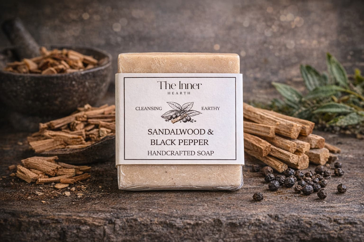 Handcrafted soap bar with sandalwood and black pepper scent on a rustic background