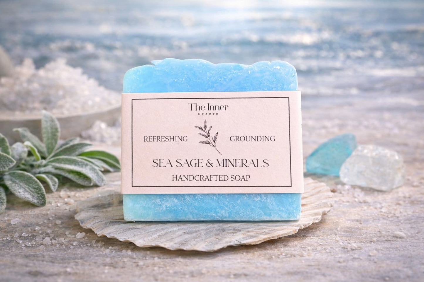 Handcrafted soap bar with a label on a shell by the sea