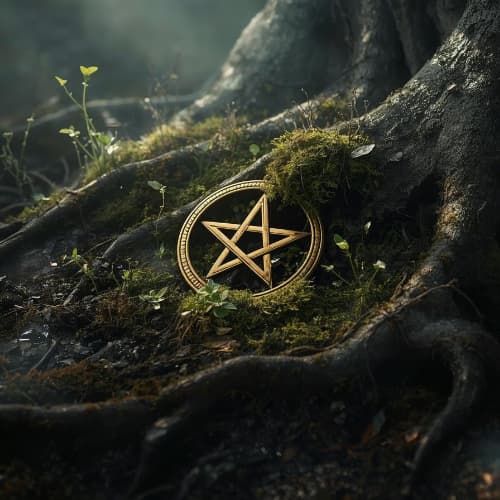 Gold pentagram on a mossy tree stump in a forest setting