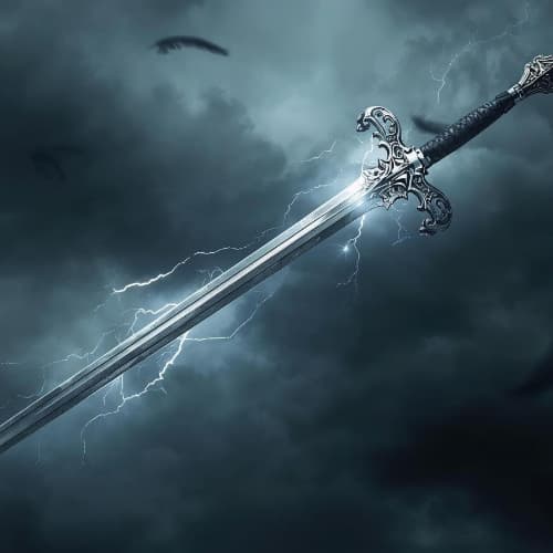Decorative sword with a detailed hilt against a dark, stormy sky.
