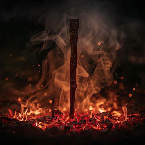 Wooden stick on fire, surrounded by smoke and flames.