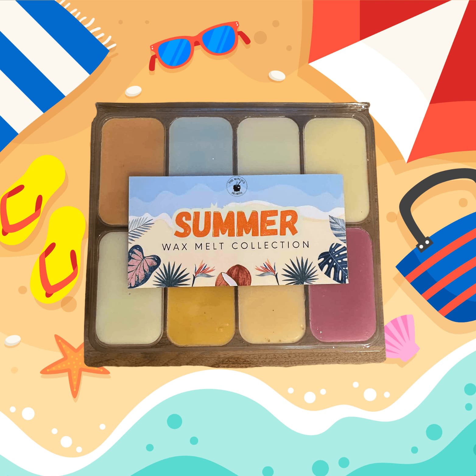 Summer wax melt collection with a decorative card on a beach-themed background