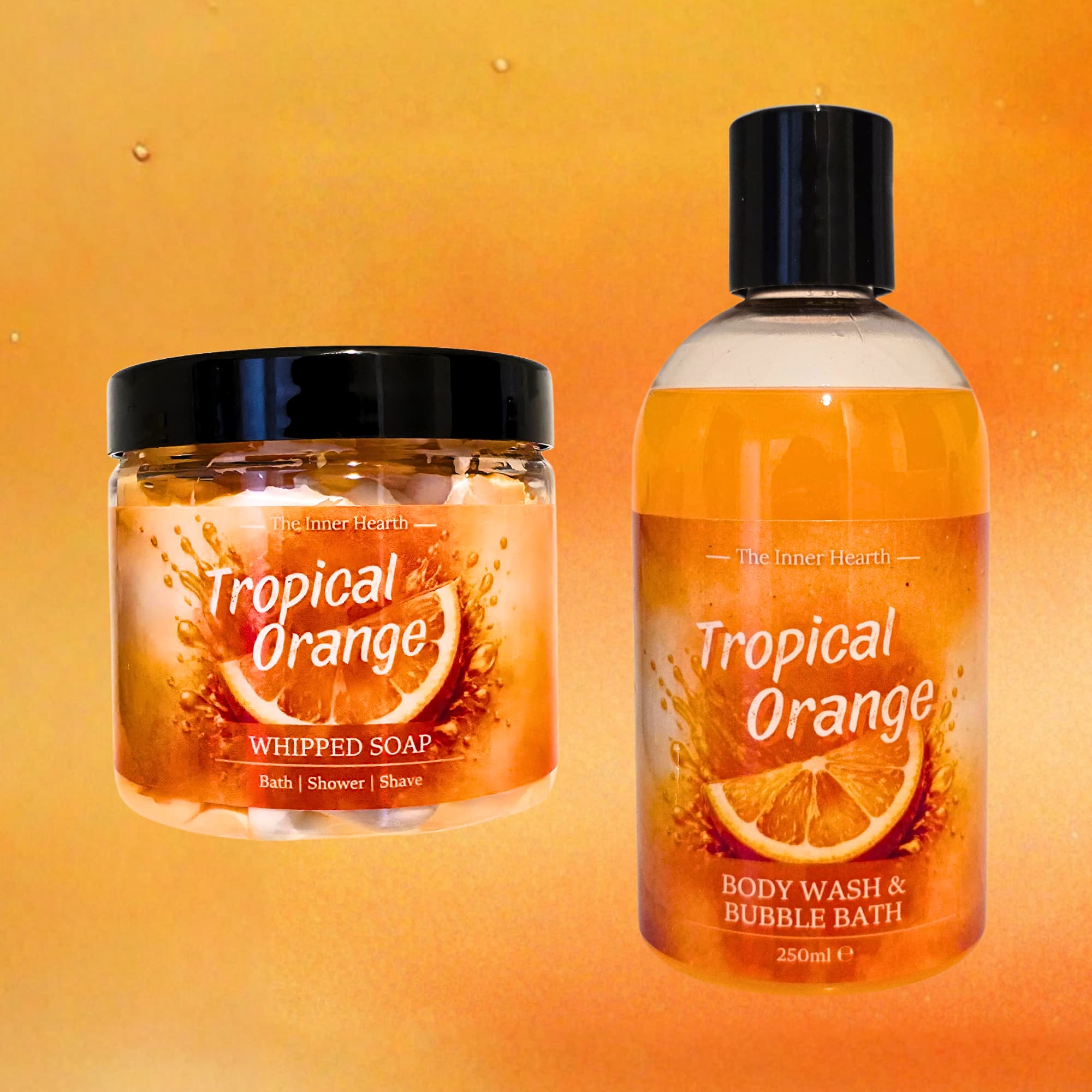 Tropical Orange whipped soap and body wash on an orange background